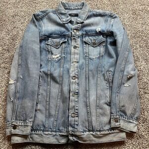 ABLE Trucker Jacket Mens Large Blue Denim Cotton Distressed Outdoor Button Front